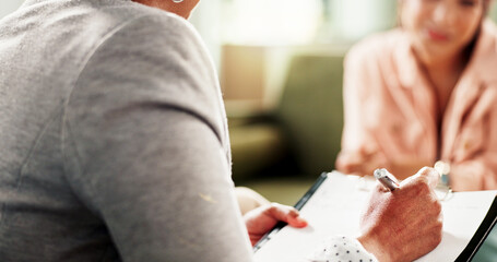 Hands, mental health and people in office with writing, advice or patient history in consultation. Appointment, therapy and psychologist in practice with notes, evaluation or assessment for wellness