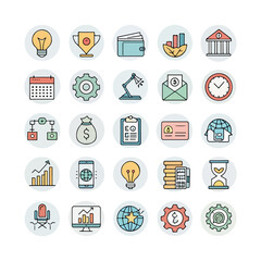 A web icons set of business and finance symbols, including a computer and phone, for modern website design
