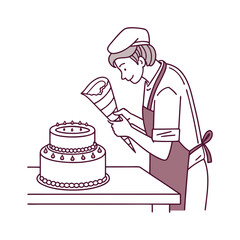 A baker decorating a celebratory two tiered cake with delicate precision and piping bag in a simple