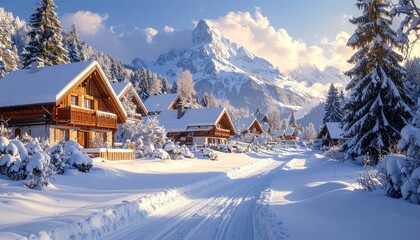 Snowy winter village nestled in a mountain valley, showcasing charming log cabins under a vibrant sky.
