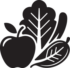 Black and White Vector Graphic of Healthy Fruits and Vegetables. A simple, black and white vector graphic depicts an apple and leafy greens, suggestive of healthy eating. 