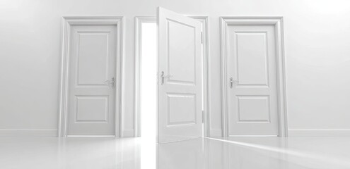 Three white doors, one open, revealing light