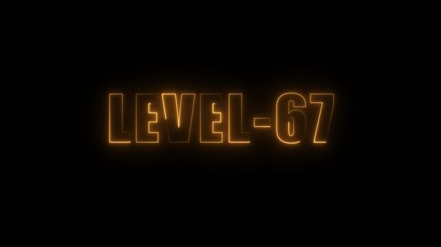 Glowing orange neon text L E V E L 67 on black background animated progress bar concept for