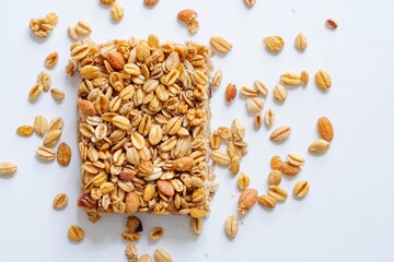 Healthy Granola Bar with Oats and Nuts on White Background