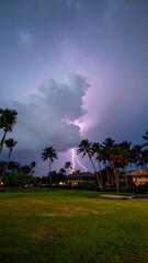 Dramatic lightning strike over tropical landscape at twilight
