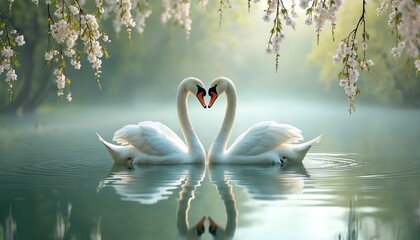 Pair of white swans form heart shape with necks on calm lake surrounded by blooming willow branches. Gentle ripples on water surface reflect birds. Serene spring nature scene, tranquil wildlife