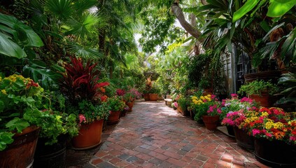 Lush garden pathway lined with vibrant flowers and plants