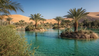 Oasis Serenity. Tranquil Waters and Desert Palms Under a Clear Blue Sky.