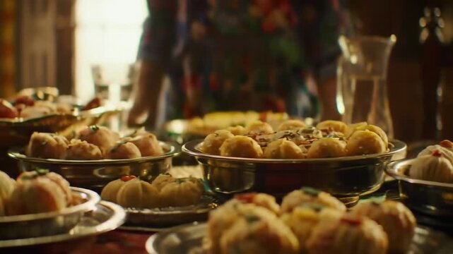 tracking shot across a dining table laden with a grand Diwali feast.