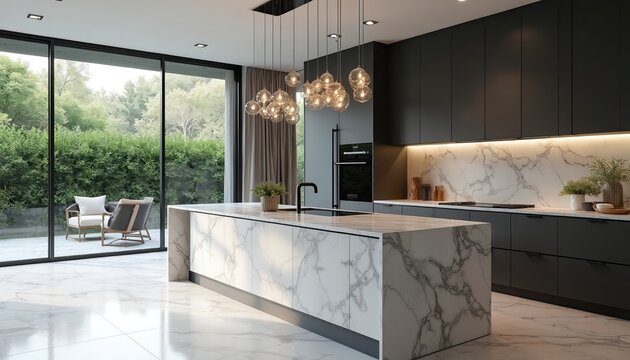Modern kitchen island with white marble countertop, waterfall edge. Dark cabinets contrast with marble backsplash, tiled floor. Large windows offer garden view, creating luxurious, spacious home