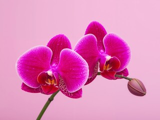 Orchid Duo on Pink, Delicate Water Droplets Adorning the Petals, Soft Light and Elegant Form.