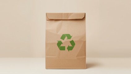 Paper Bag with a Green Symbol on Beige Backdrop, a Clean Product Photo.