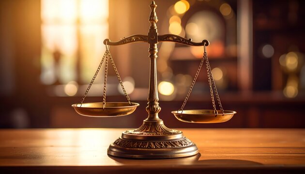Gilded justice scales on wooden surface symbolize fairness and balance in legal settings, reflecting traditional values and historical courtroom scenes