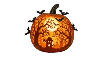 Carved pumpkin with spooky scene on transparent background