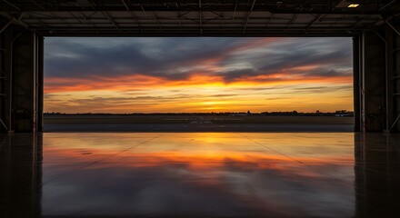 Fototapeta premium Mockup of dramatic sunset reflected on a polished hangar floor, viewed from inside the hangar for commercial usage