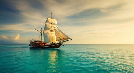 Majestic Traditional Phinisi Ship Sailing on Crystal-Clear Turquoise Waters at Golden Sunset
