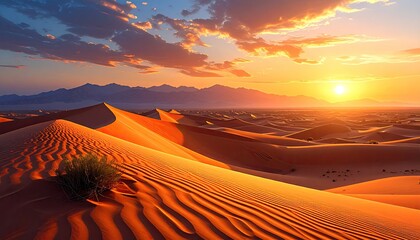Golden desert sunset.  Dramatic dunes bathed in warm sunlight