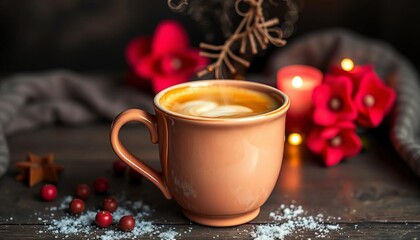 A steaming hot beverage in a ceramic mug, heart-shaped handle,  happy,  hot
