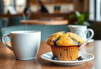 A steaming cup of coffee beside a blueberry muffin on a cafe table, coffee break, minimal
