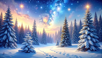 Naklejka premium A winter wonderland scene showcases a snow-covered forest at sunrise, with a beautiful celestial display above.