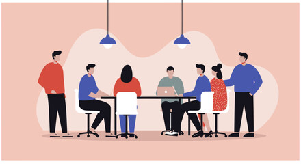 A diverse group of young professionals collaborates around a table during a productive meeting in a modern, minimalist office setting, showcasing teamwork and innovative ideas.