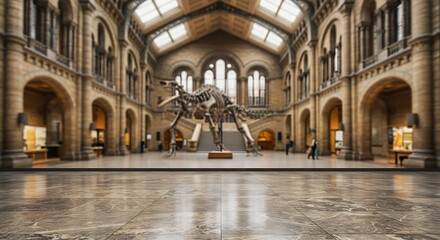 Obraz premium Mockup of dinosaur skeleton exhibit in the grand hall of a natural history museum for commercial usage