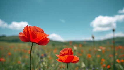 Naklejka premium Scarlet Blossoms in a Summer Meadow, A Field of Vibrant Red, Under Azure Skies.
