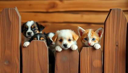 Adorable puppies and kittens peek from behind a rustic wooden fence in a warm room,  wooden,  kittens