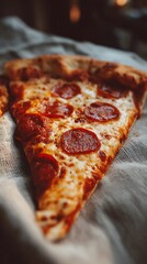 Close-up of Pepperoni Pizza Slice on Soft Fabric Surface