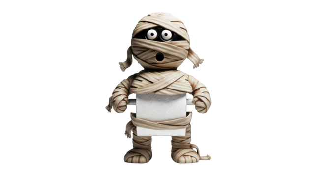 Cartoon mummy holding toilet paper on transparent background - Powered by Adobe