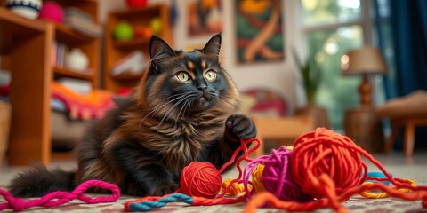 Agile Javanese cat batting colorful yarn balls in a warm, inviting room,  kitten,   domestic