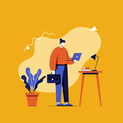 A vector illustration depicts a man working on a laptop while holding a briefcase, standing near a desk with a lamp and potted plant against a vibrant yellow background.