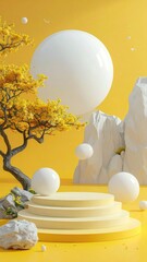 A vibrant, 3D landscape scene with a yellow tree, white rocks, and orbs, set on a yellow platform