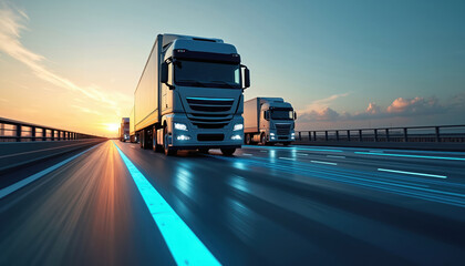 Modern fleet of cargo trucks travels on futuristic digital highway. Glowing blue lines represent smart logistics, real-time data tracking on road. Vehicles move at speed, connected within