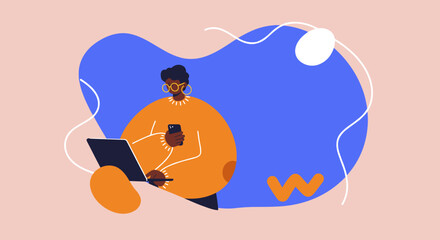 Modern woman multitasking with laptop and smartphone, engaging in remote work, online learning, or digital communication. Contemporary lifestyle concept.