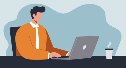 Professional man focused on his laptop, working diligently at a desk with a coffee. Ideal for business, remote work, or technology concepts.