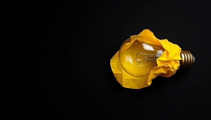 Bright yellow crumpled paper bulb on black background,   crumpled,  ingenuity