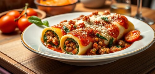 Cannelloni pasta dish, ricotta, minced beef, spinach Italian restaurant setting, fresh, tasty