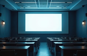 Empty lecture hall features rows of tables, chairs facing large projector screen. Room dimly lit, creating quiet atmosphere for presentations educational events. Modern interior design includes