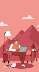 Elder man comfortably using a laptop on a sofa in a stylized home with mountain views. Represents digital lifestyle, remote work, and modern retirement.