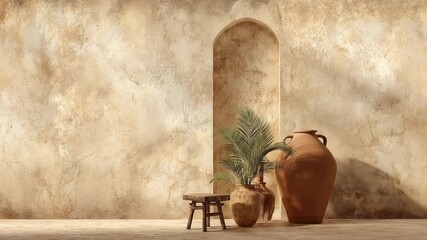 An interior scene showcasing a neutral beige textured wall, highlighted by tropical plants and a rustic wooden stool. - Powered by Adobe