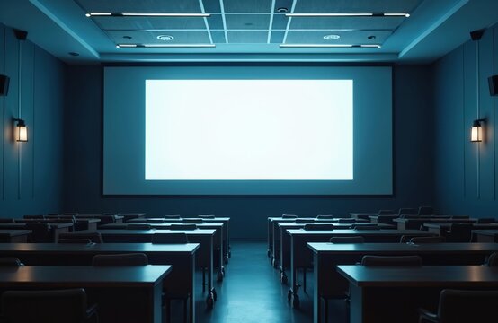 Empty lecture hall features rows of tables, chairs facing large projector screen. Room dimly lit, creating quiet atmosphere for presentations educational events. Modern interior design includes