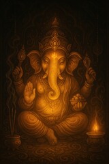 Divine Radiance: A serene depiction of a revered deity, radiating a golden aura, symbolizing wisdom, prosperity, and spiritual insight in a visually rich illustration.