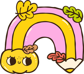 Cute Autumn Back to School Fall Rainbow Pencil With Leaves Illustration