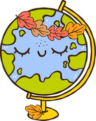 Cute Autumn Back to School Cartoon Earth Globe with Autumn Leaves