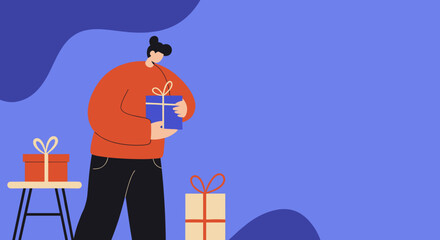Stylized illustration of a person holding a wrapped gift box, with additional presents nearby. Represents generosity, celebration, and special occasions like holidays or birthdays.