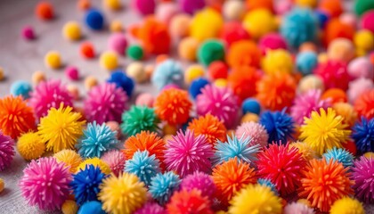 Colorful pom-poms scattered on a vibrant surface  , coordination, fun