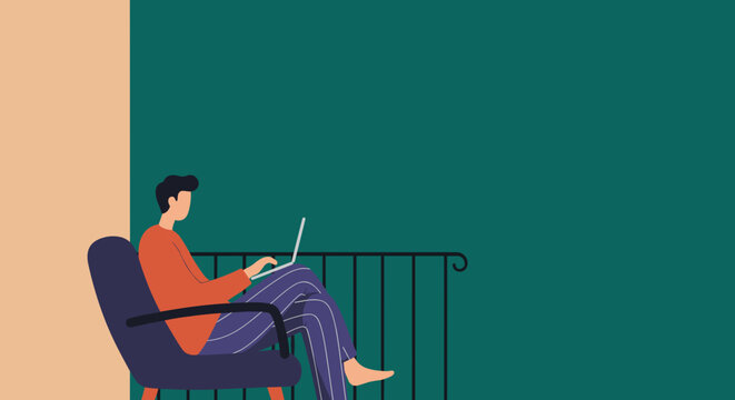 Freelancer working remotely on a laptop from the comfort of his home balcony, symbolizing modern work flexibility and work-life balance.