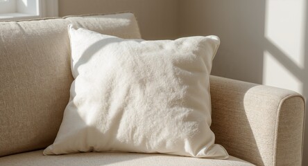 Soft cushion on textured sofa bathed in morning light, a study in textures and forms.