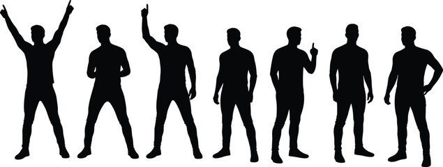 Silhouettes of confident male figures in various pointing and standing poses, isolated on white, body language concept, business gestures